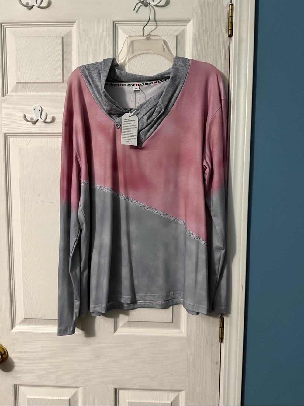 Women's Pink and Gray Ombre Long-Sleeve Cowl Neck Top